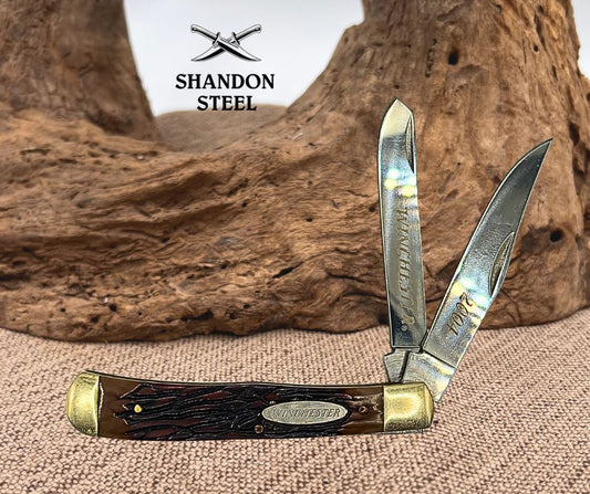 Winchester 2004 Trapper Knife Stainless Steel Blades, Brown Handle, Slipjoint 71