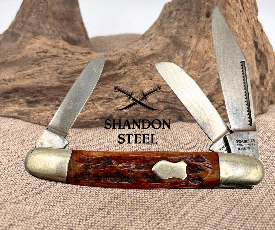 Winchester USA Jigged Bone 3 Blade Stockman Traditional Folding Pocket Knife(23)