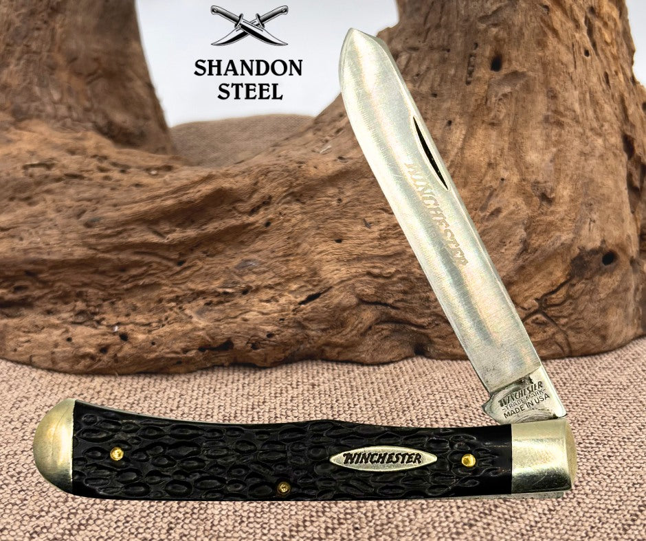 Winchester USA 1 Spey Blade Trapper, Black Jigged Delrin Handles, 19005 (69)