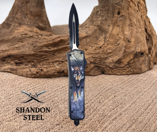 Wolf Handle Special OTF Knife Multicolor , Double Serrated Dagger Blade 118WFMC