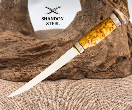 Wood Jewel Stainless Steel Blade Birch Brown Handle Fillet Fish Knife - 23FP