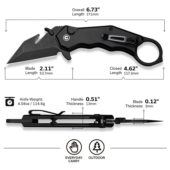 CIVIVI Amaroq Flipper & Thumb Stud & Button Lock Knife Black Aluminum Handle (2.11" Black Stonewashed Nitro-V Blade) C24018-2