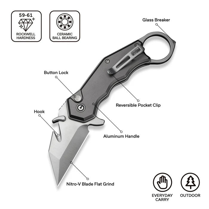 CIVIVI Amaroq Flipper & Thumb Stud & Button Lock Knife Gray Aluminum Handle (2.11" Satin Finished Nitro-V Blade) C24018-1