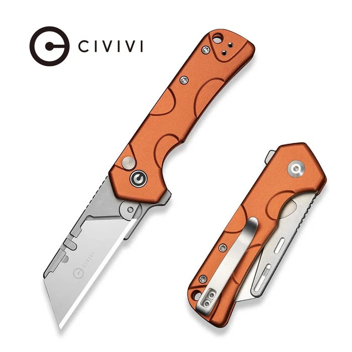 CIVIVI Pulsara Utility Flipper & Button Lock Knife Orange Aluminum Handle (2.44" Stonewashed S/S Blade Holder & Plain 6Cr13 Blade) C24041F-3