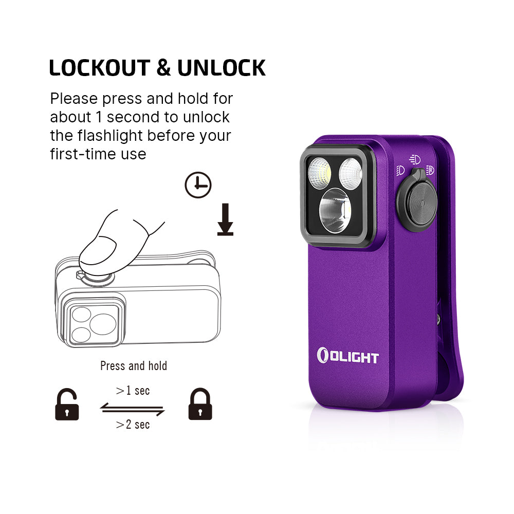 Oclip Purple Pro Clip on Flashlight with Floodlight Spotlight and Red Light