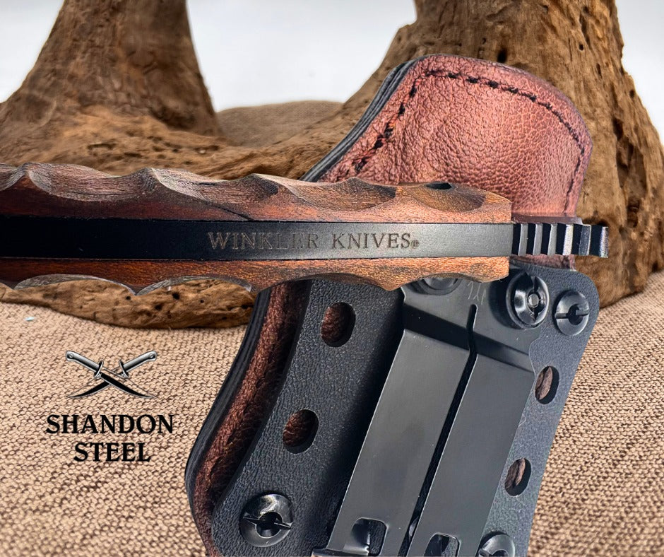 Winkler Knives USA Woodsman Sculpted Wood Handle Lined Boltaron / Leather Sheath